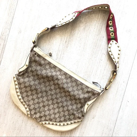 GUCCI GG Canvas & Leather Studded Hobo Bag